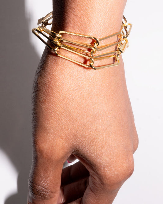 14k gold-filled paperclip chain bracelet, triple strand link design, made in New York by Studio Baloge, luxury statement jewelry for women
