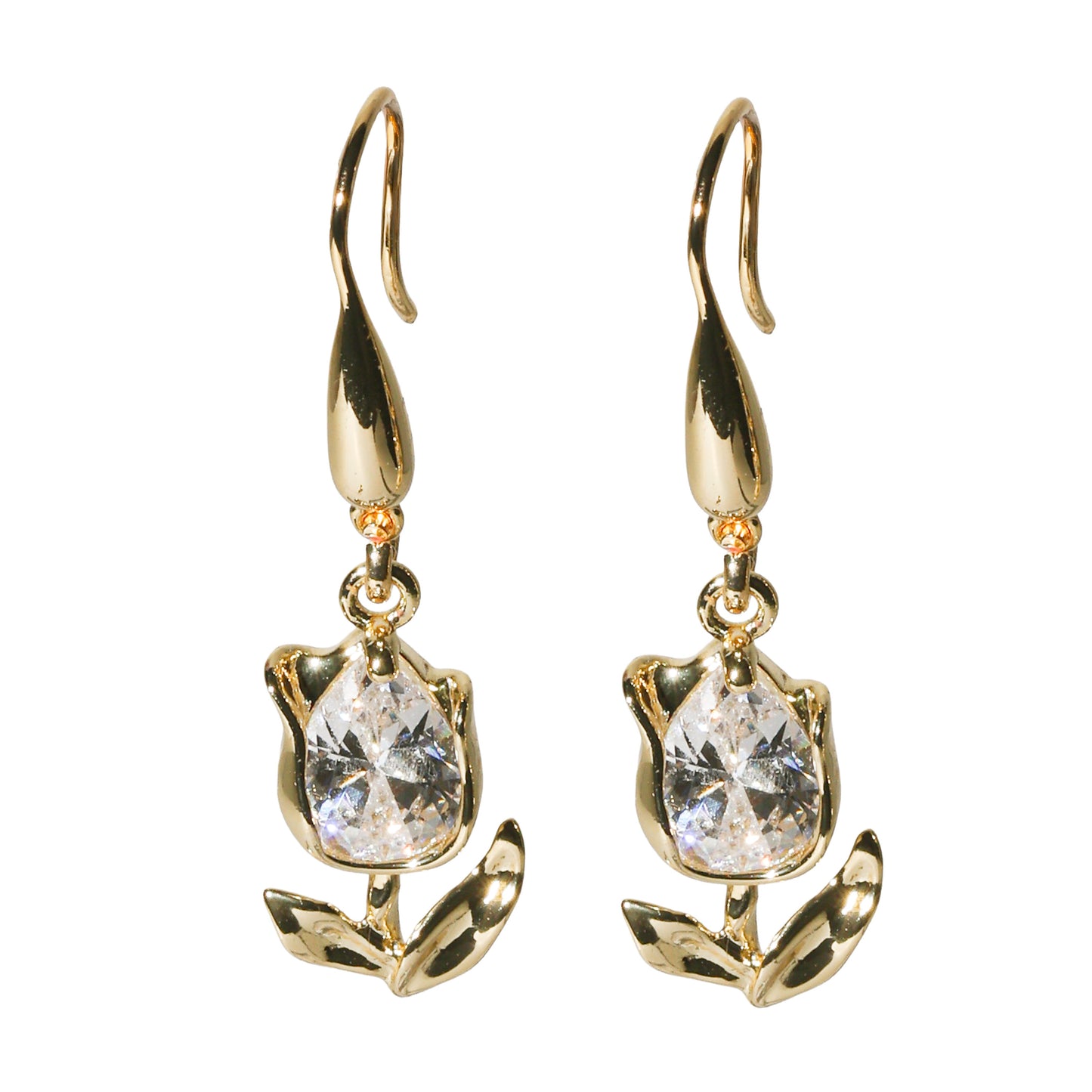 Gold Tulip earrings with crystal stones on a white background