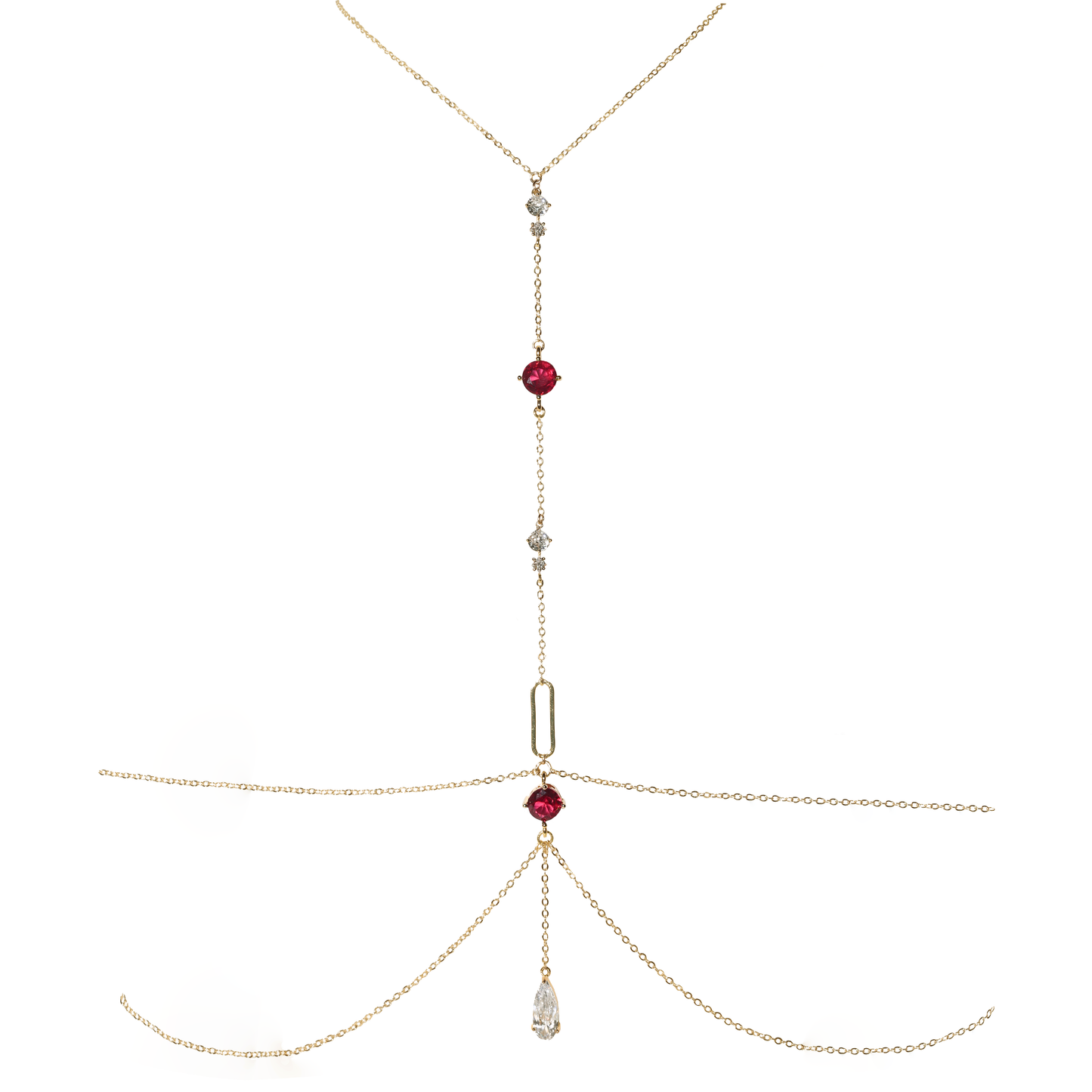 Gold body chain with red gemstones on a white background