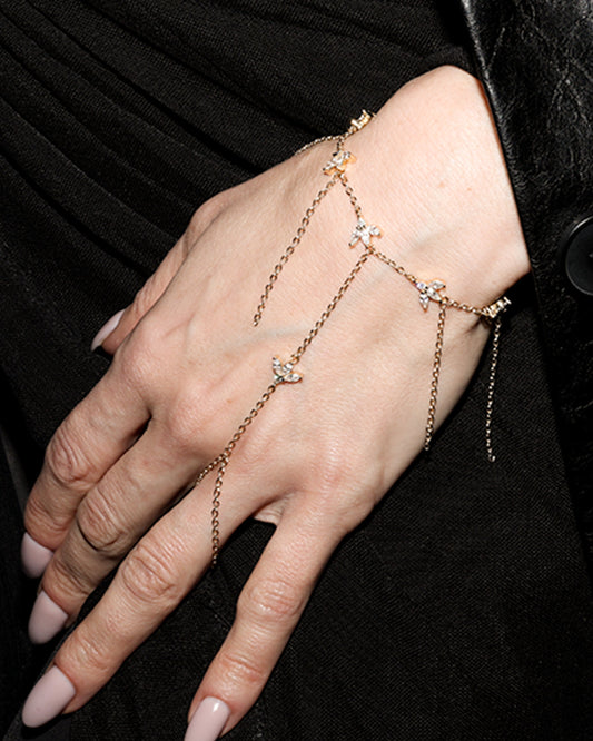Hand with gold bracelet and ring against a black background