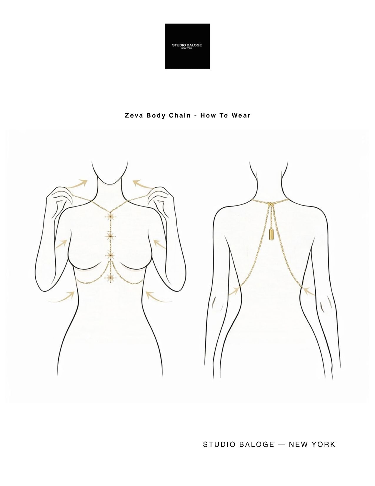 Illustration of a gold body chain with text on how to wear it, by Studio Baloge New York.