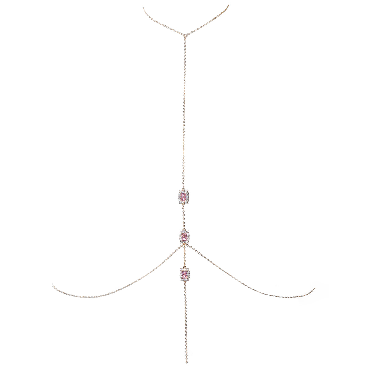 A delicate gold chain necklace featuring three small rectangular pink gemstone accents, displayed on a solid white background.