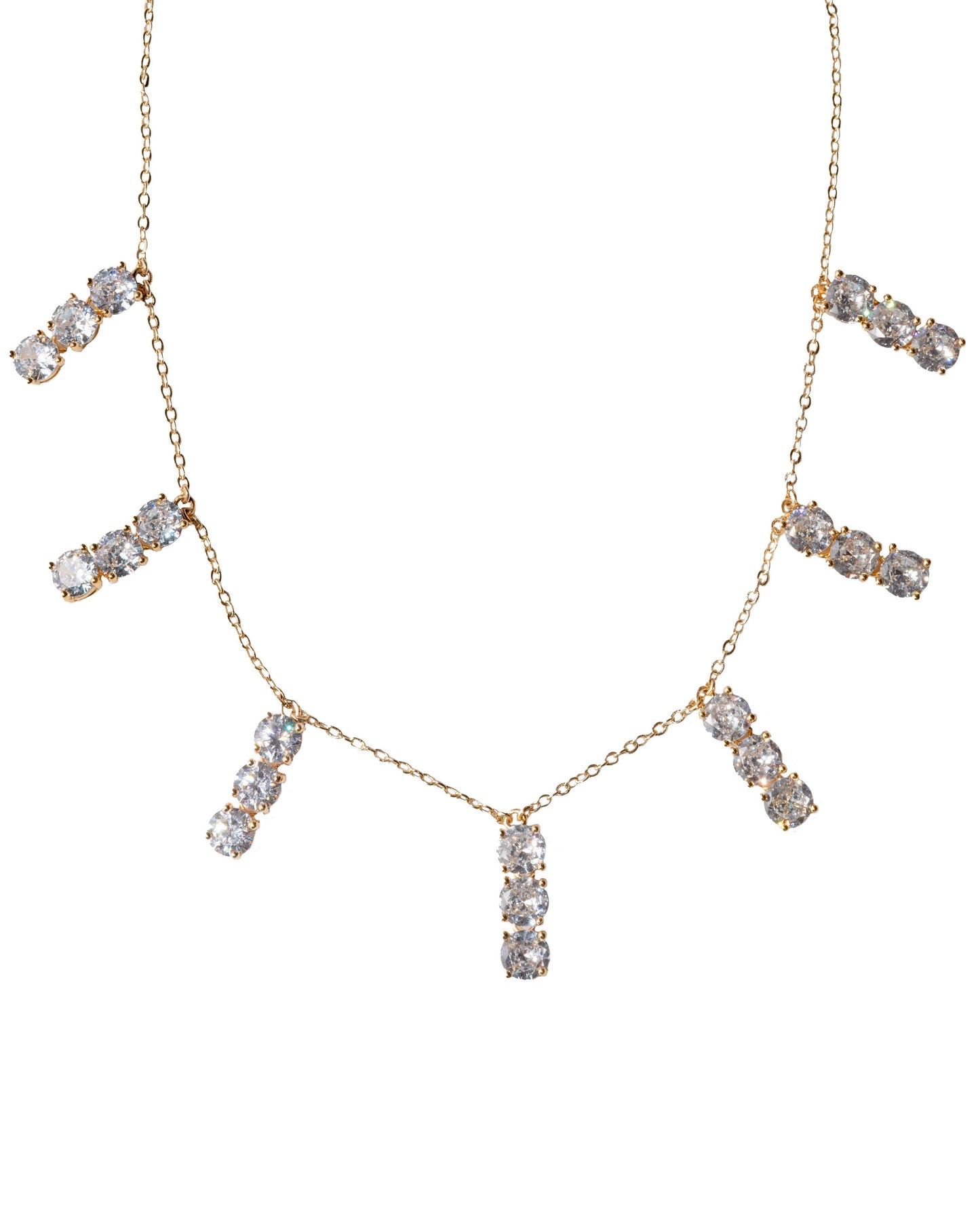 Necklace with crystal-like pendants on a white background