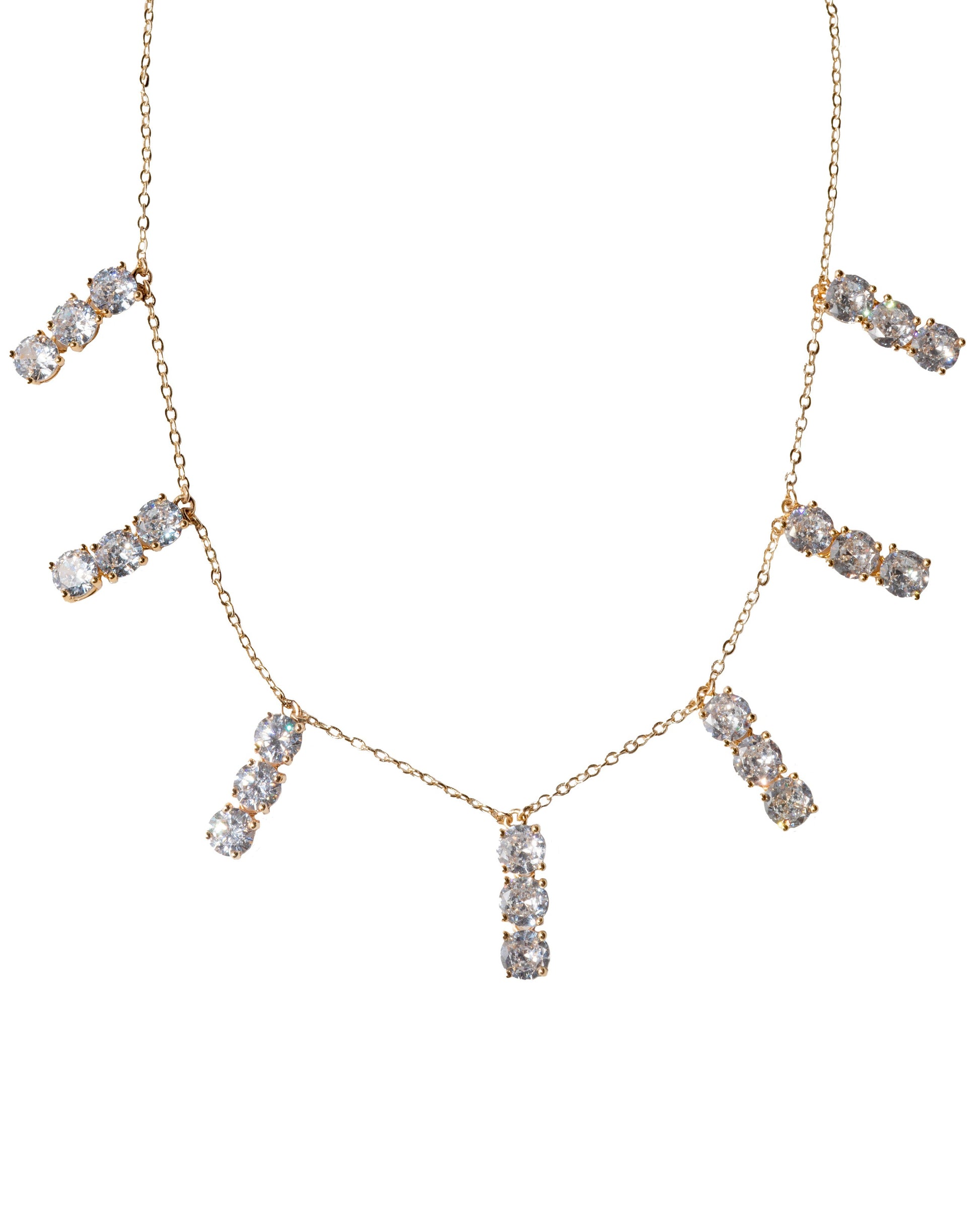 Necklace with crystal-like pendants on a white background