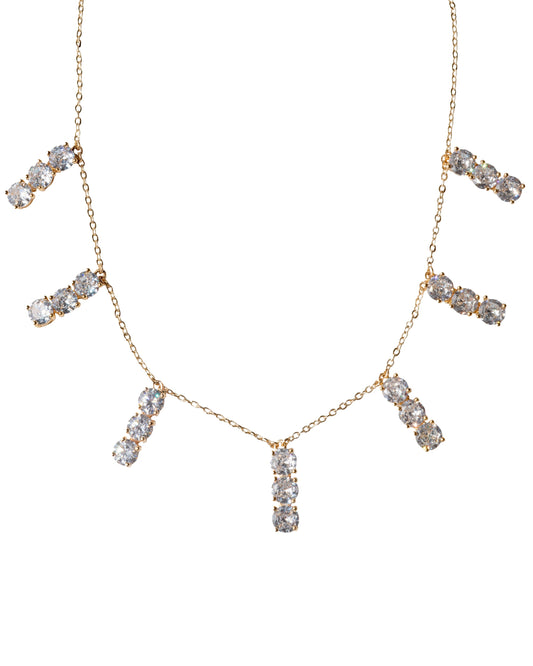 Necklace with crystal-like pendants on a white background