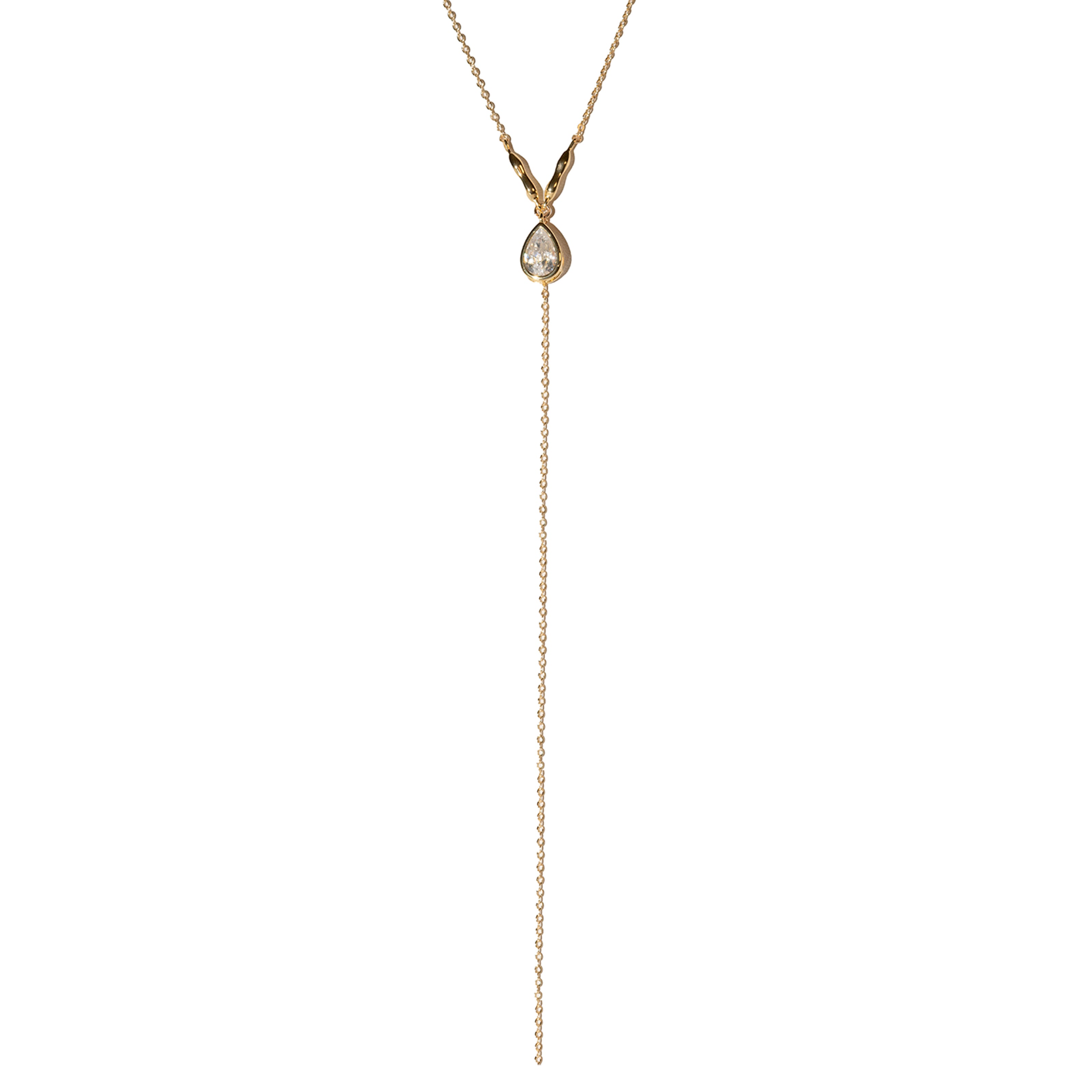 Gold necklace with a teardrop-shaped pendant on a white background