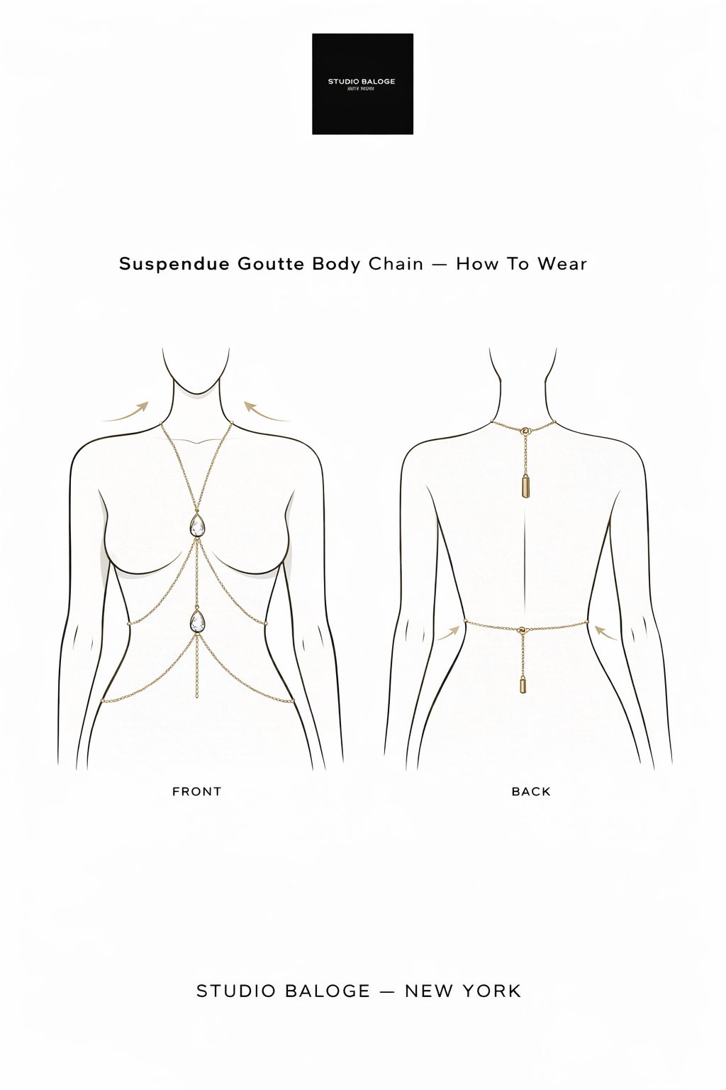 Illustration of a suspendeue goutte body chain with front and back views on a white background.
