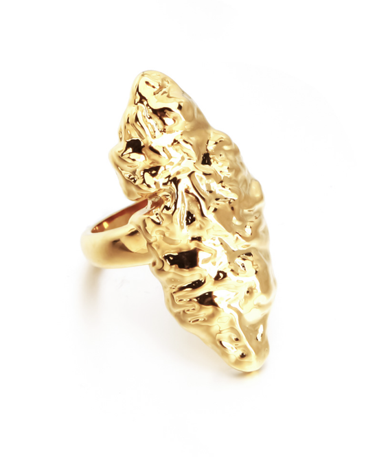 Studio Baloge's Irida Ring – a sculptural, gold-plated statement ring with a molten, organic shape 

