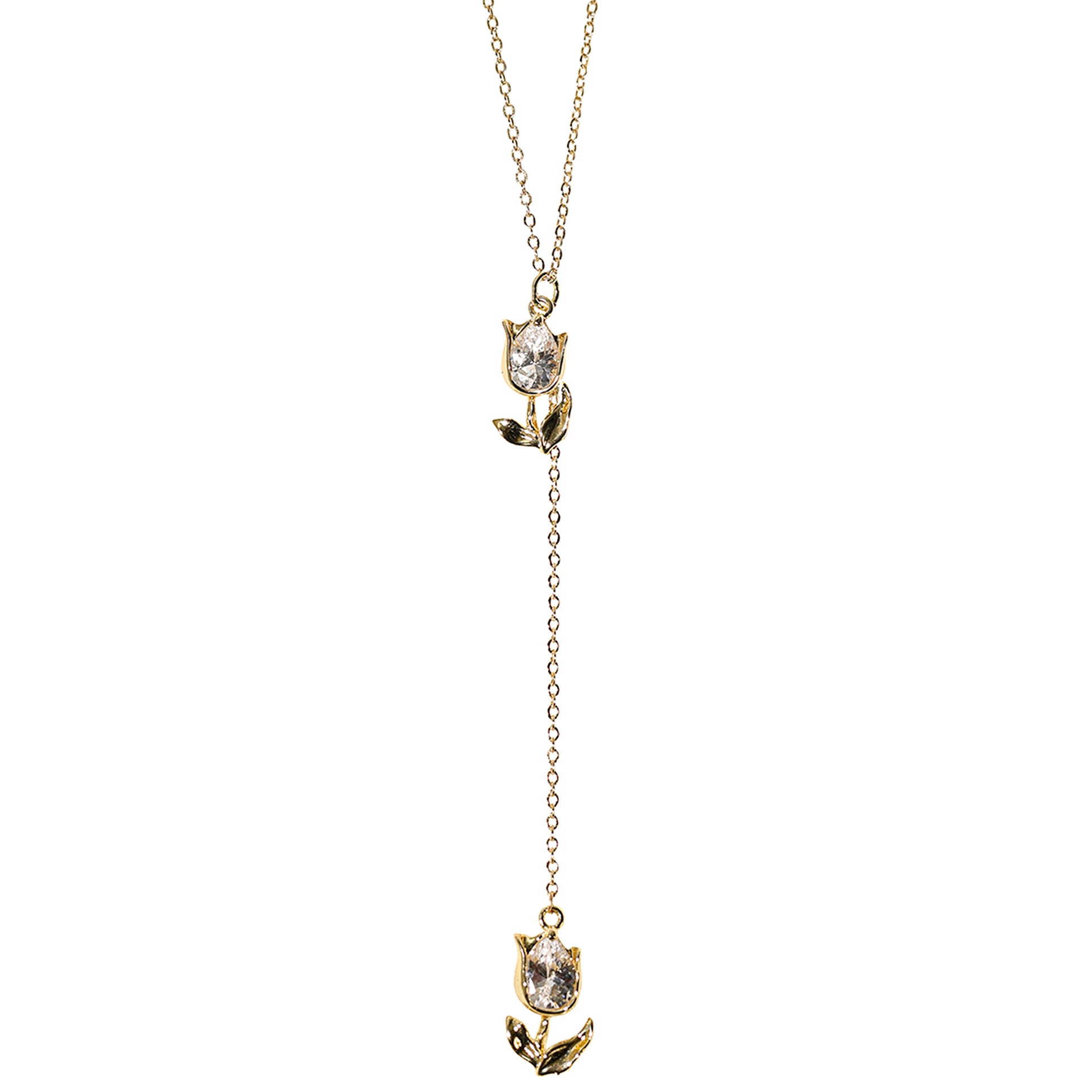 Studio Baloge Gold lariat necklace with two tulip pendants 