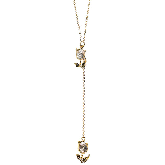 Studio Baloge Gold lariat necklace with two tulip pendants 