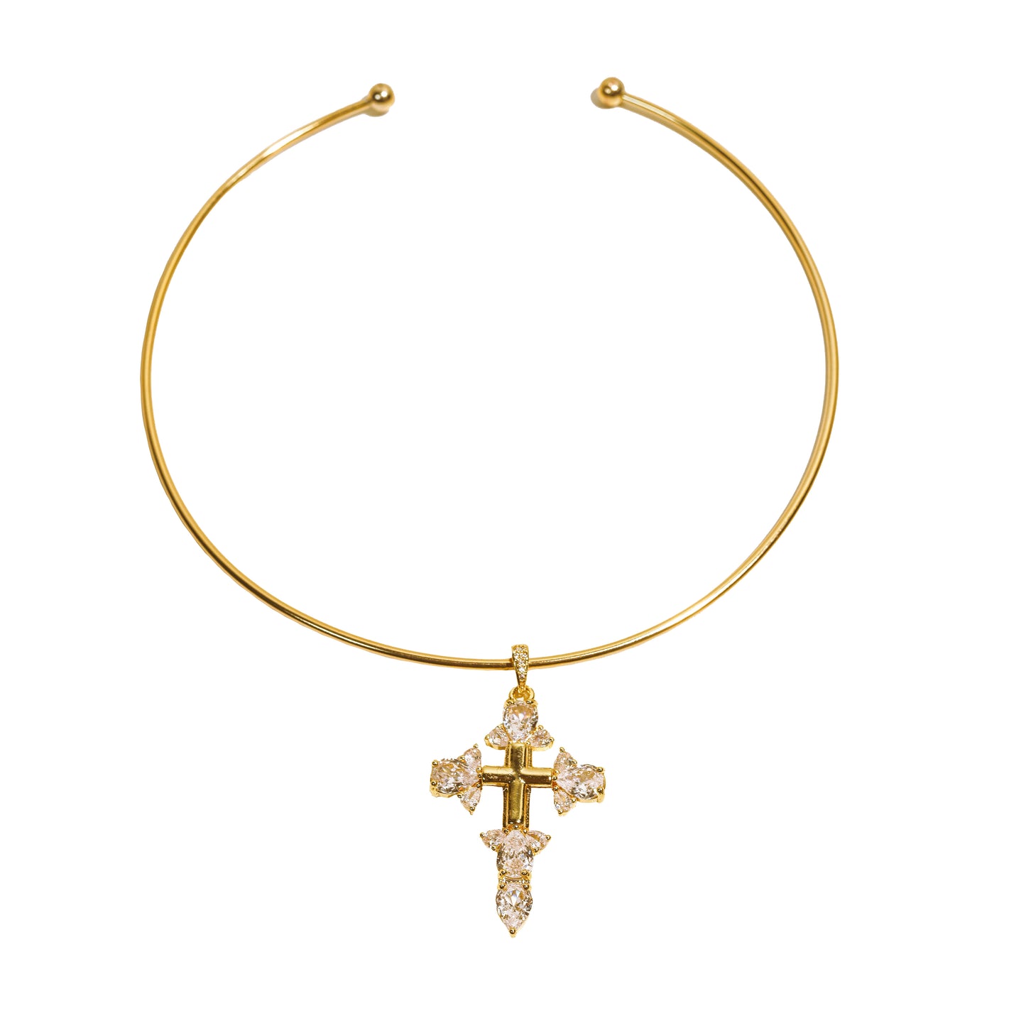 Gold necklace with a cross pendant on a white background