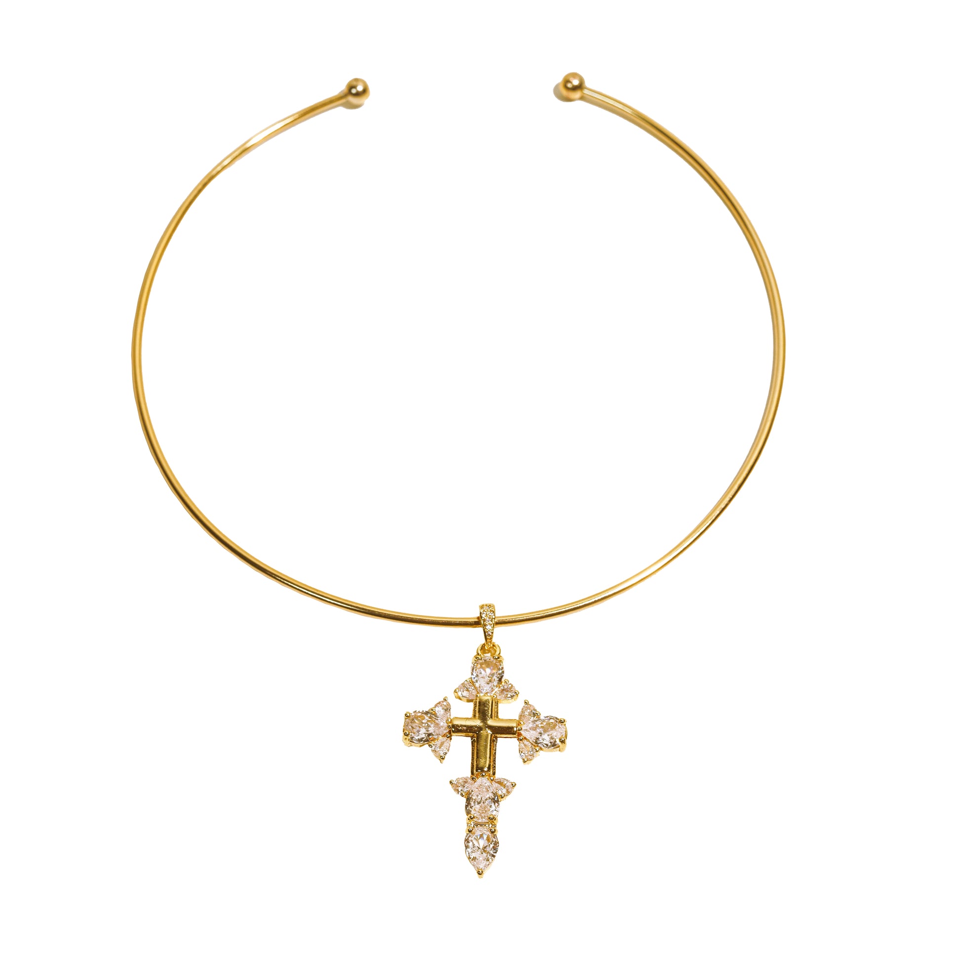 Gold necklace with a cross pendant on a white background