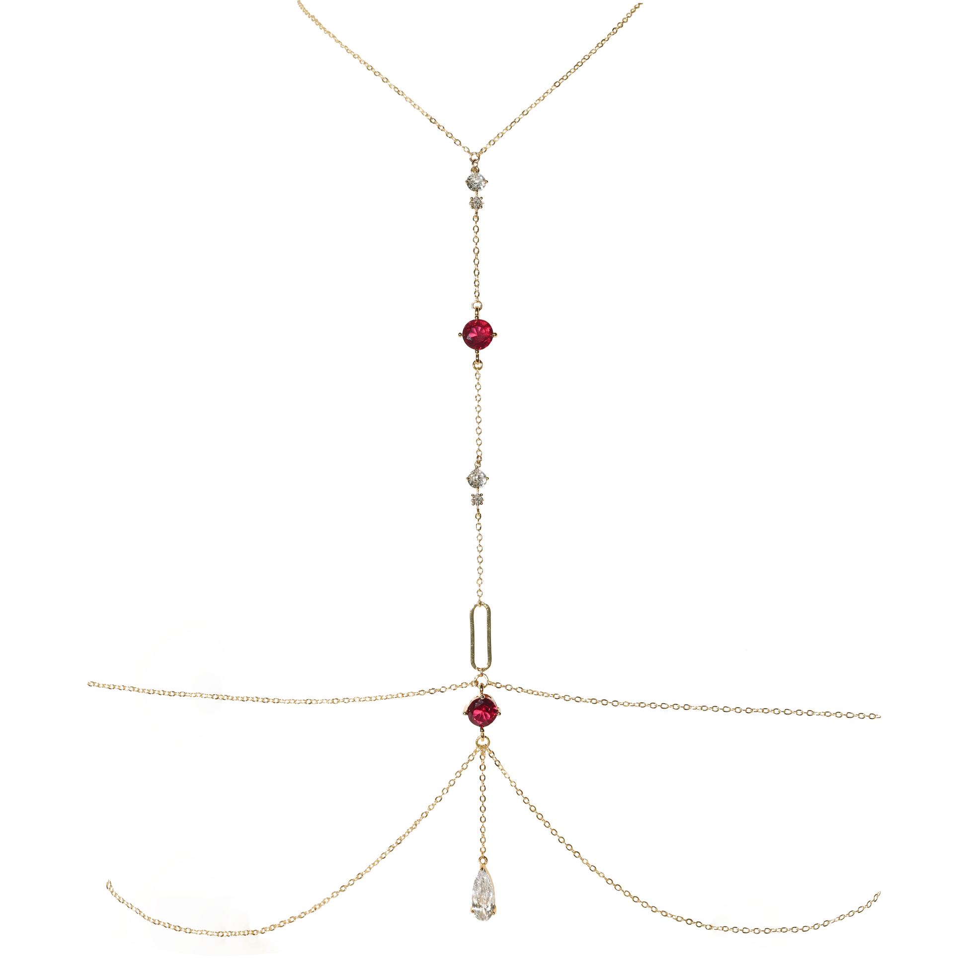 Gold necklace with red gemstones on a white background