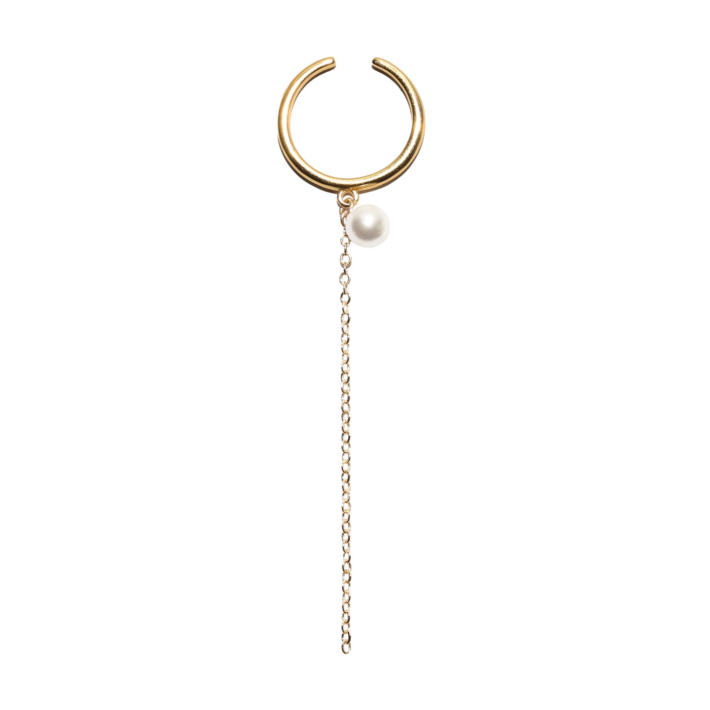Gold ring earring with a pearl and chain on a white background