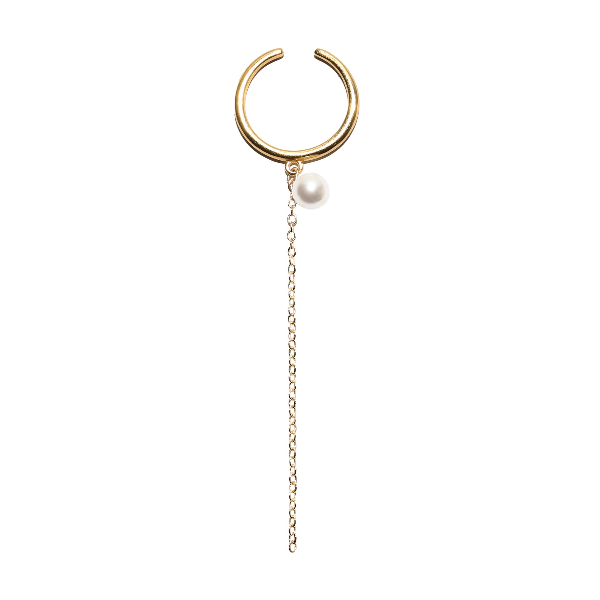 Gold ring earring with a pearl and chain on a white background