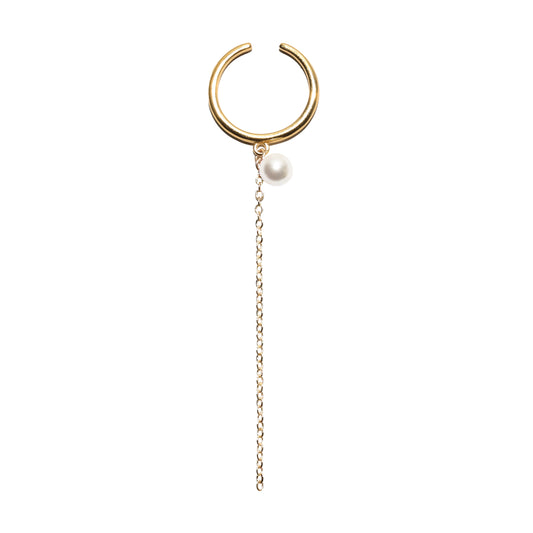 Gold ring earring with a pearl and chain on a white background