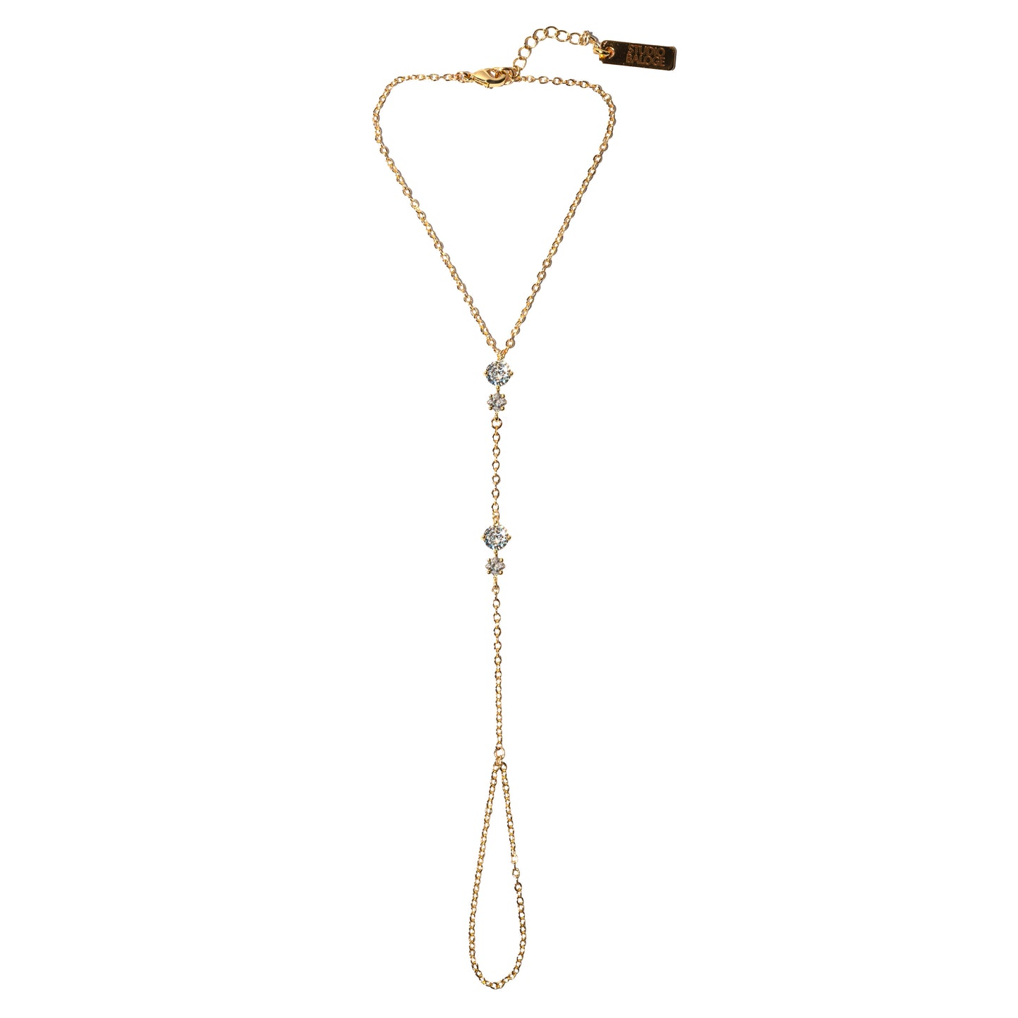 Gold Hand chain with gemstones on a white background