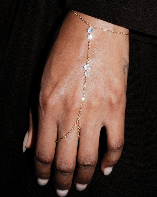 Hand wearing a delicate gold bracelet with small stones on a black background