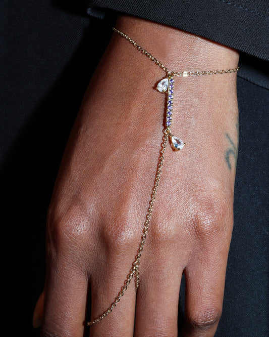 Gold hand chain on a person's wrist with a dark background