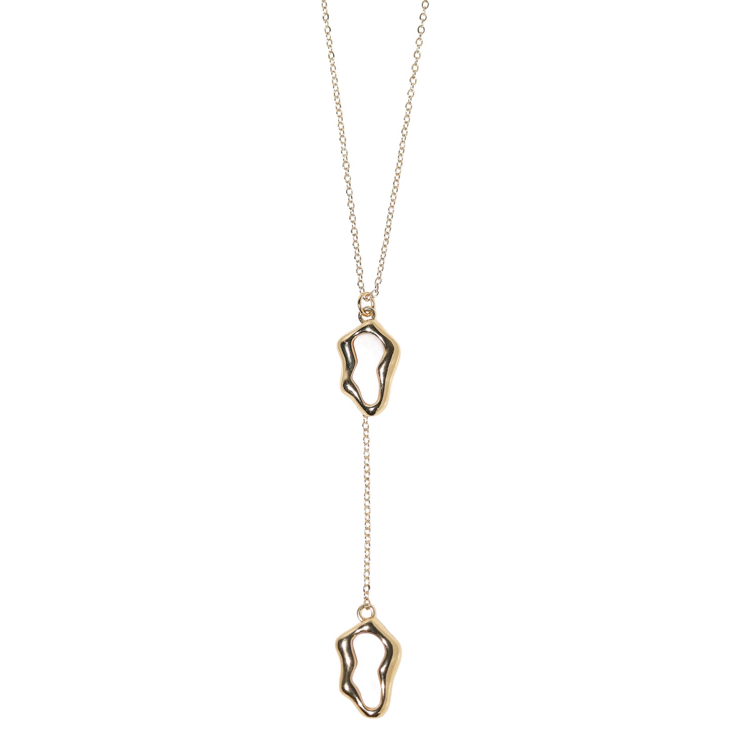 Gold-filled lariat necklace with sculptural shell-pearl charms by Studio Baloge