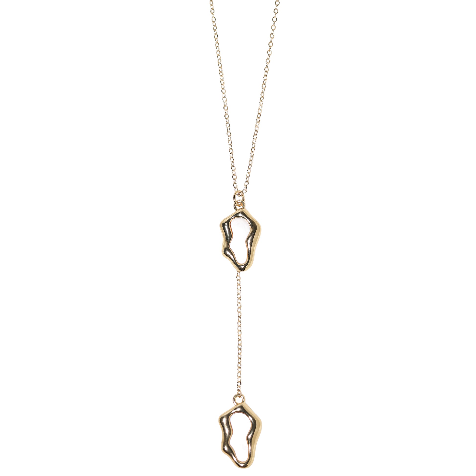Gold-filled lariat necklace with sculptural shell-pearl charms by Studio Baloge
