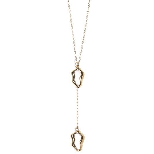 Gold-filled lariat necklace with sculptural shell-pearl charms by Studio Baloge