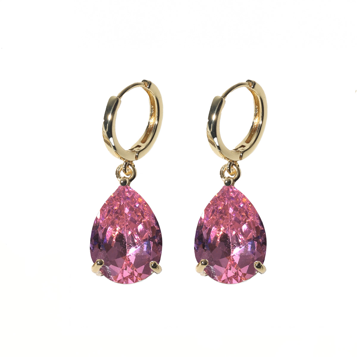 A pair of gold hoop earrings with teardrop-shaped pink gemstones, shown against a plain white background.