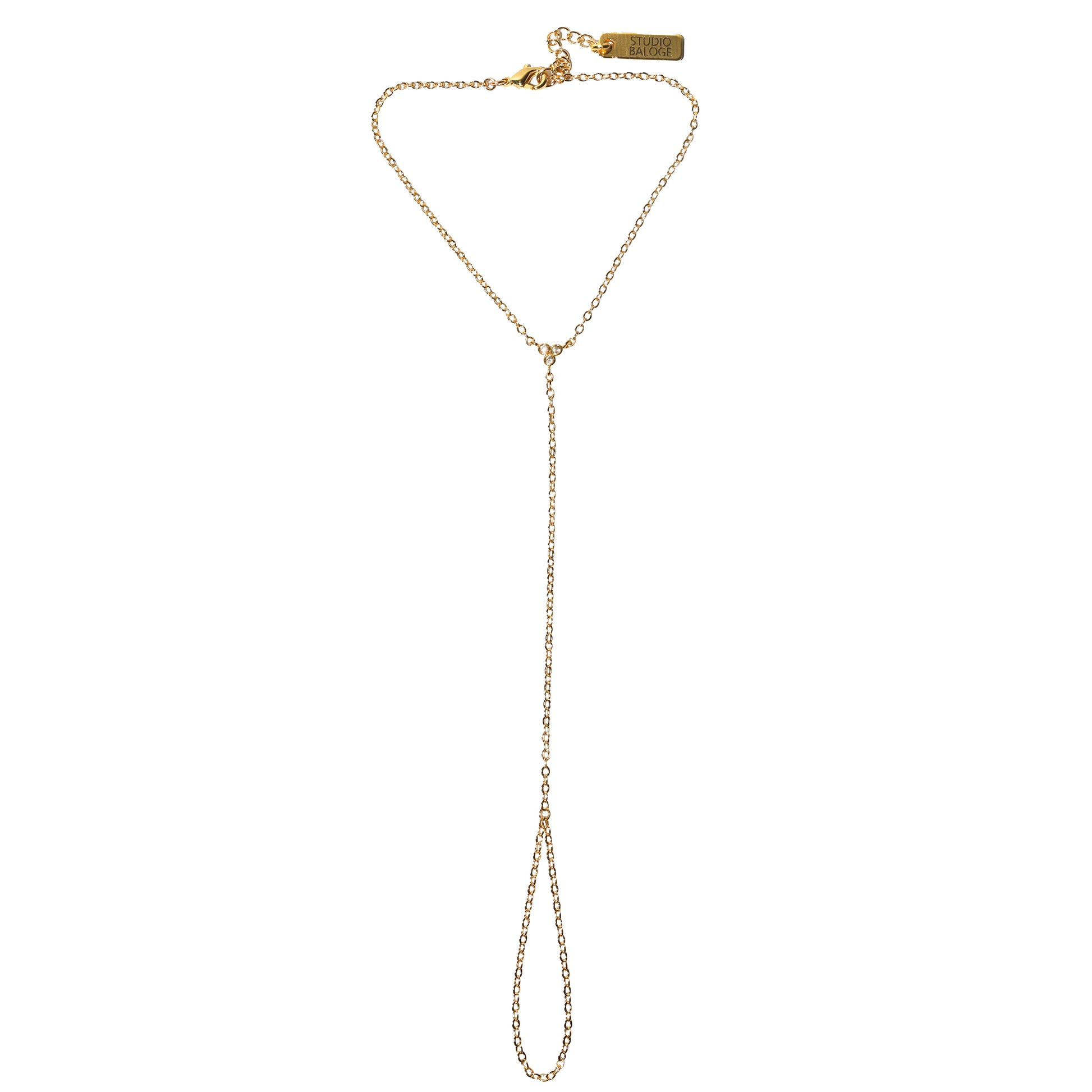 Signal Hand Harness in 14k gold-filled chain with three-stone cubic zirconia charm, Studio Baloge