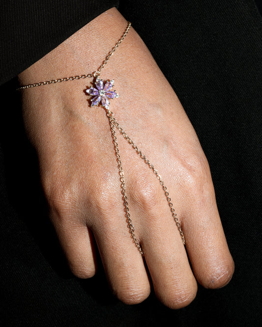 Hand wearing a delicate gold chain bracelet with a floral charm on a black background