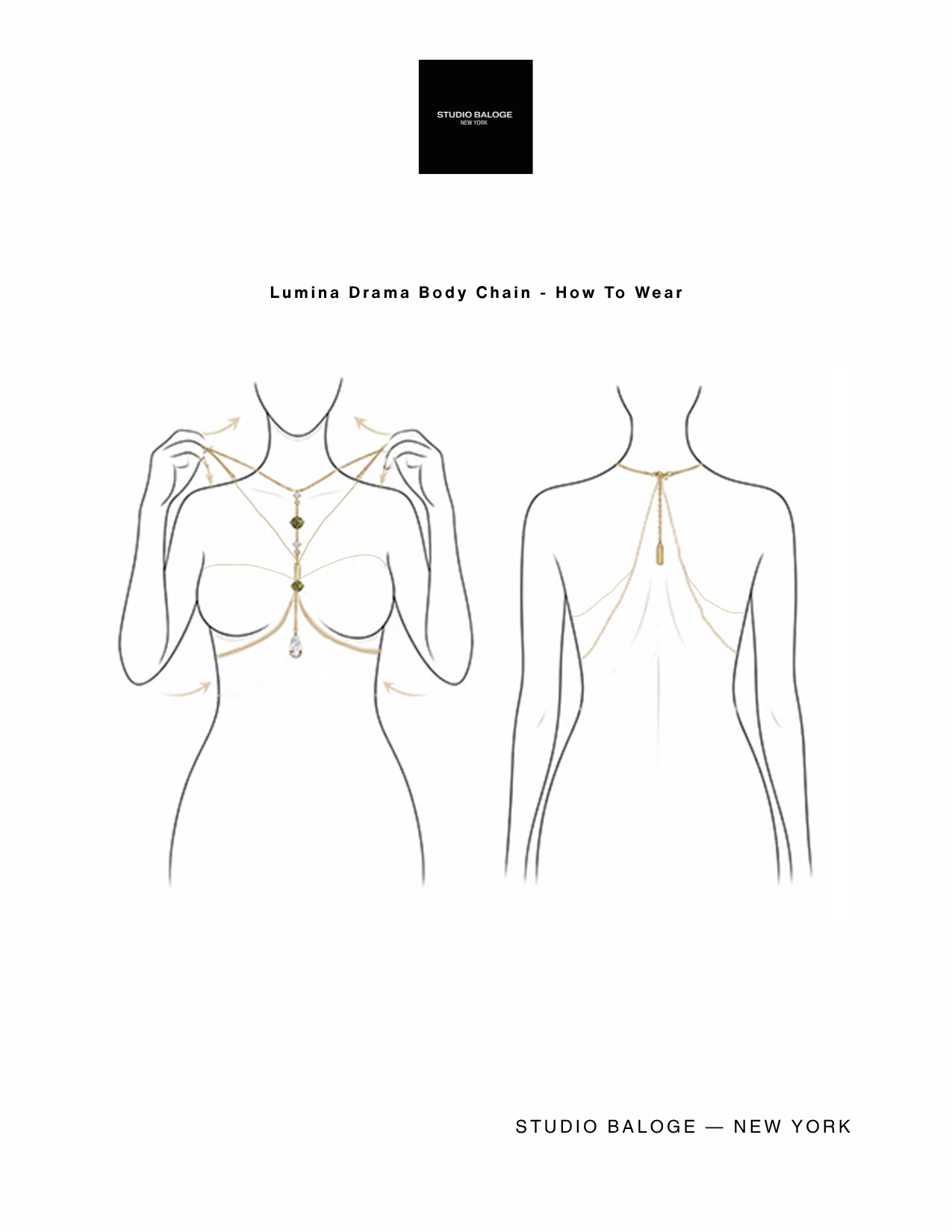 Illustration of a body chain with wear instructions on a white background, featuring Studio Baloge branding.