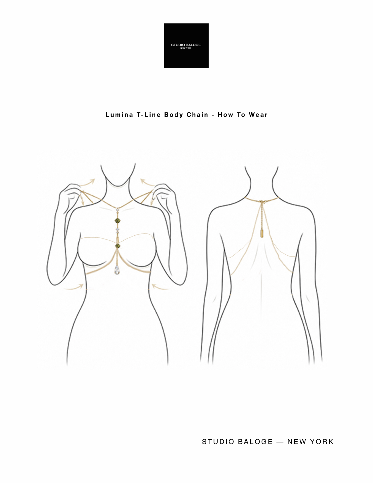 Illustration of a Lumina T-Line Body Chain with two body outlines wearing it, on a white background.