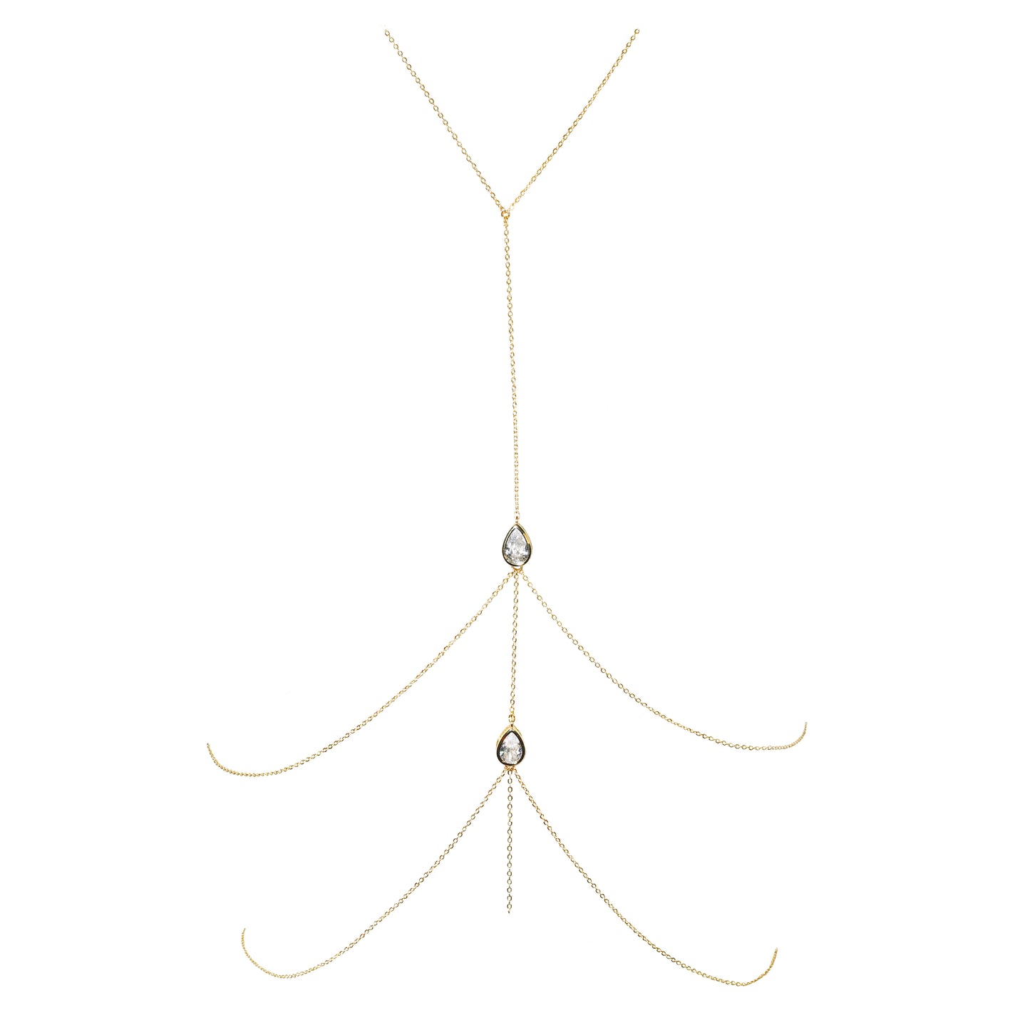 Gold body chain with two teardrop-shaped gemstones on a white background