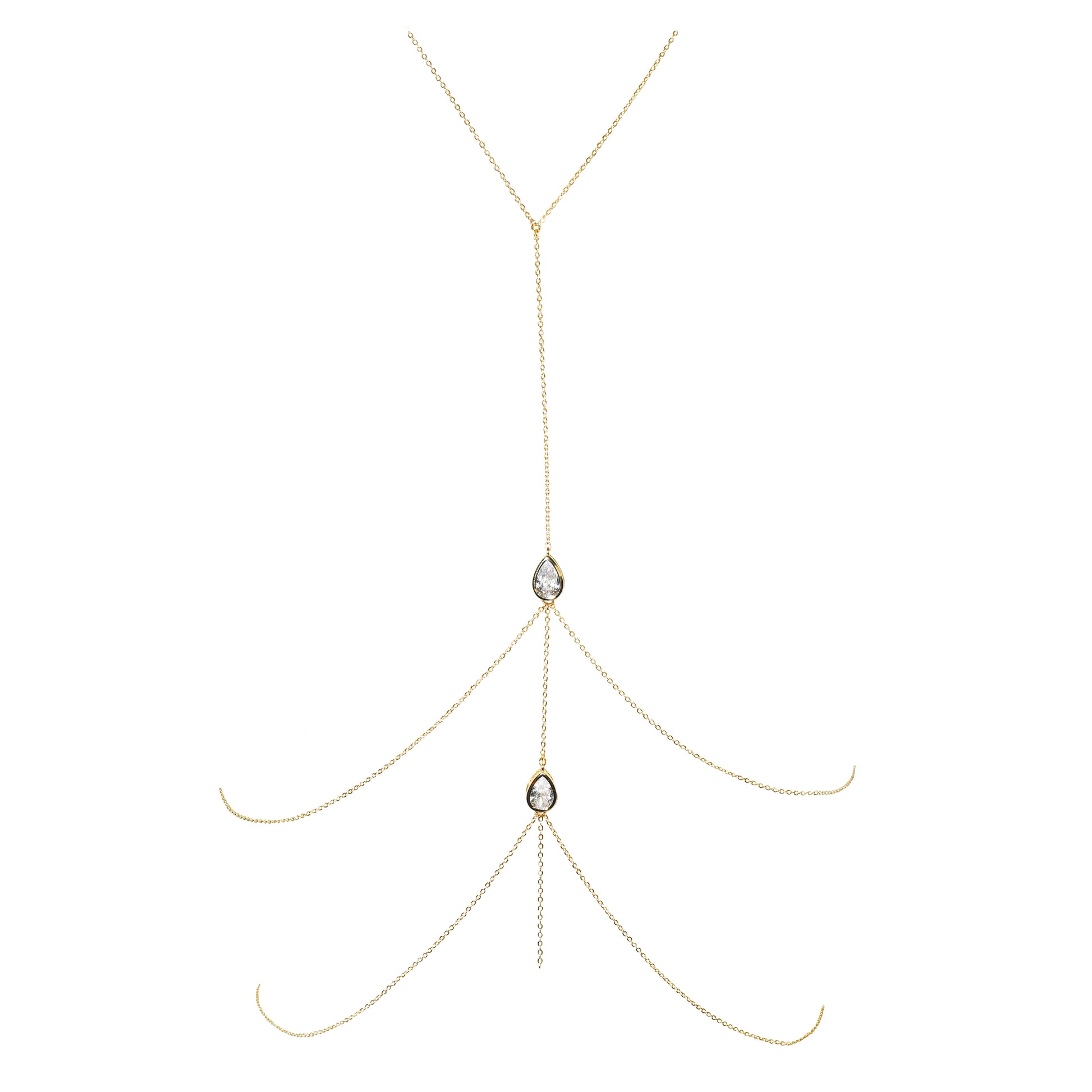Gold body chain with two teardrop-shaped gemstones on a white background