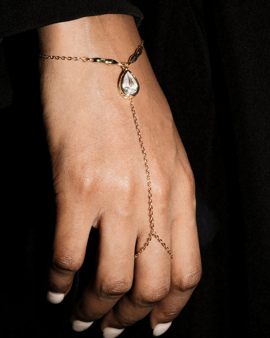 Hand wearing a delicate gold bracelet with a teardrop-shaped charm against a black background