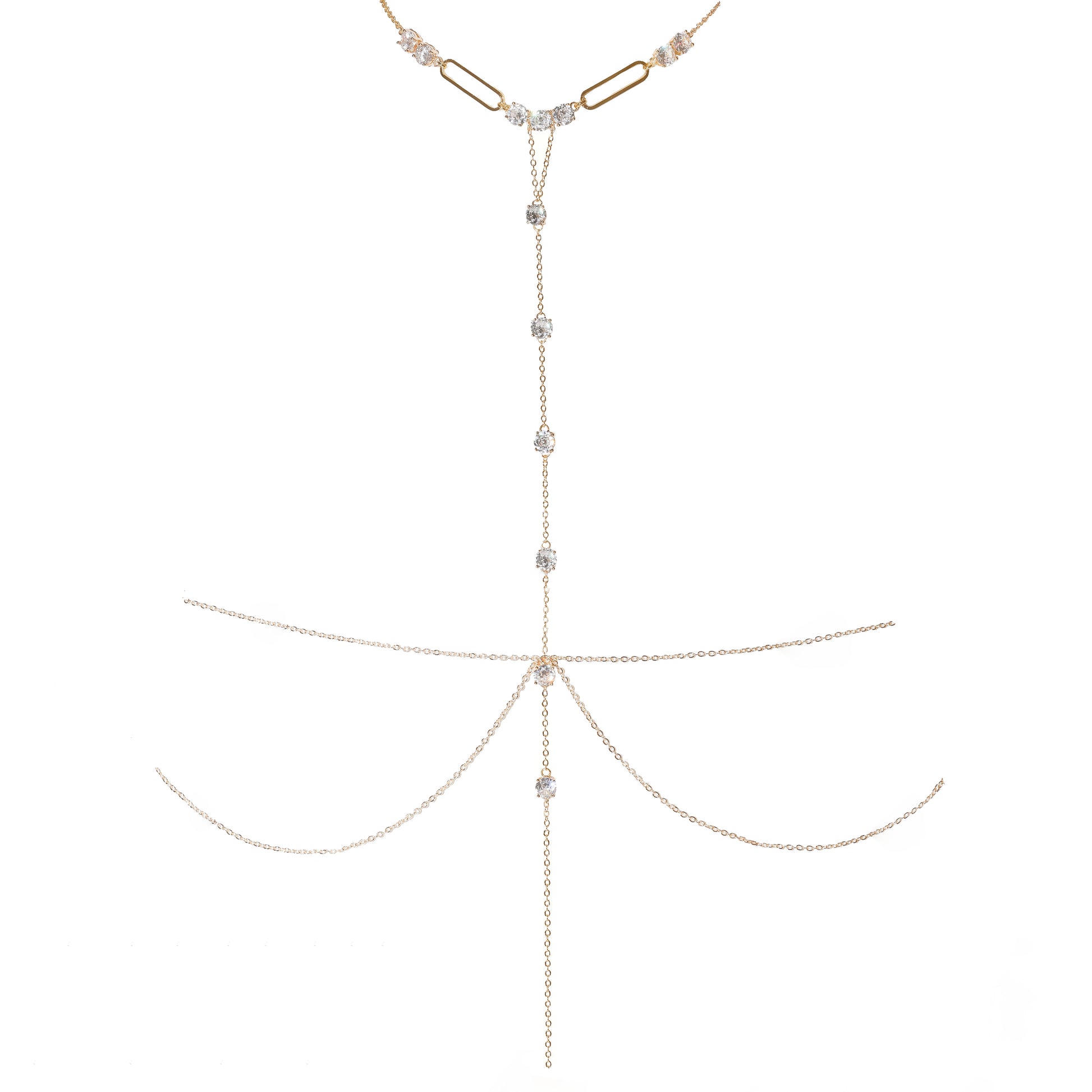A delicate gold-toned body chain with a long Y-shaped drop featuring small clear rhinestone accents, displayed on a solid white background.