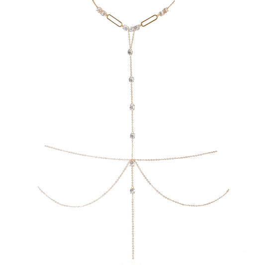 A delicate gold-toned body chain with a long Y-shaped drop featuring small clear rhinestone accents, displayed on a solid white background.