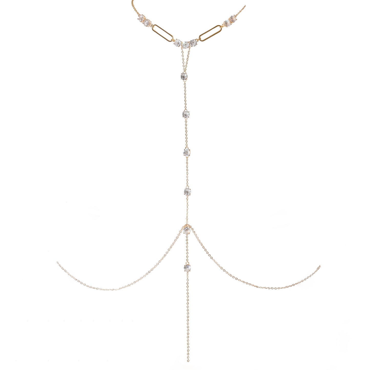 A delicate gold-toned Y-shaped chain body chain with clear faceted gemstones, displayed on a solid white background.
