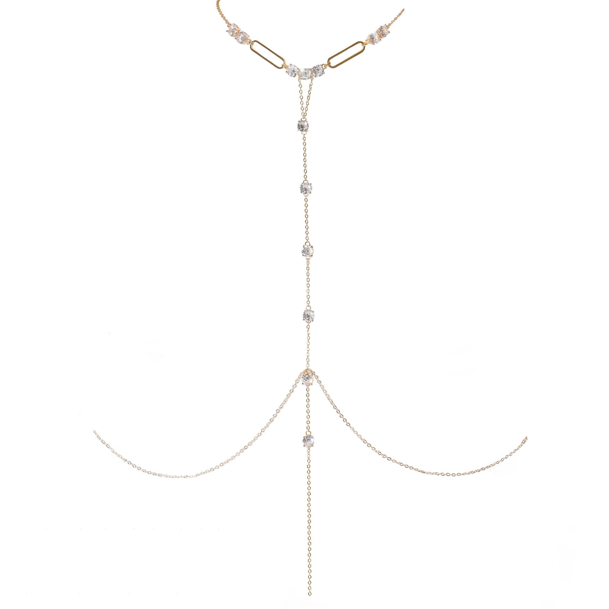 A delicate gold-toned Y-shaped chain body chain with clear faceted gemstones, displayed on a solid white background.