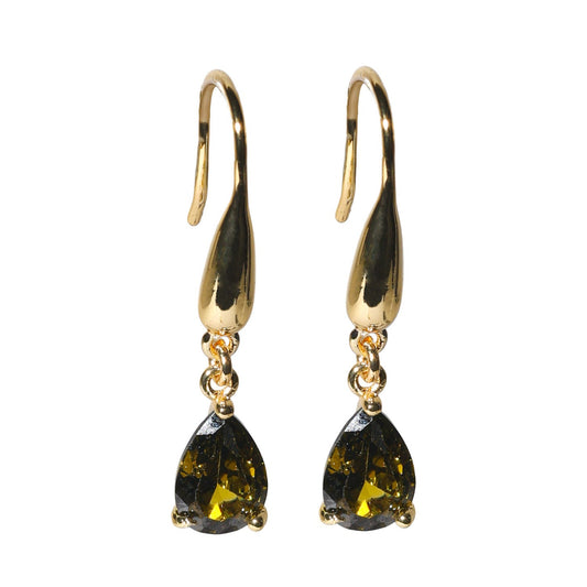 Gold earrings with teardrop-shaped olive gemstones on a white background