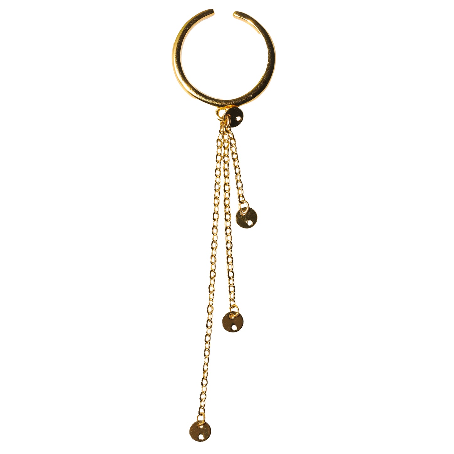 Gold-filled adjustable ring with cascading sculptural chains and disc accents photographed on a white background.