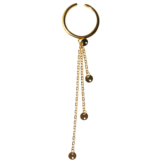 Gold-filled adjustable ring with cascading sculptural chains and disc accents photographed on a white background.