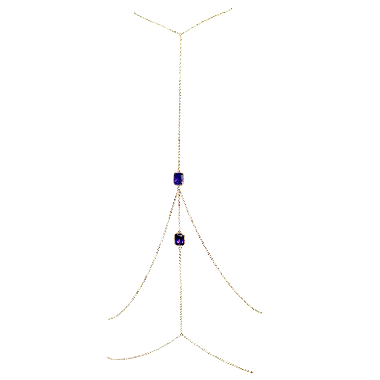 Gold body chain with purple gemstones on a white background
