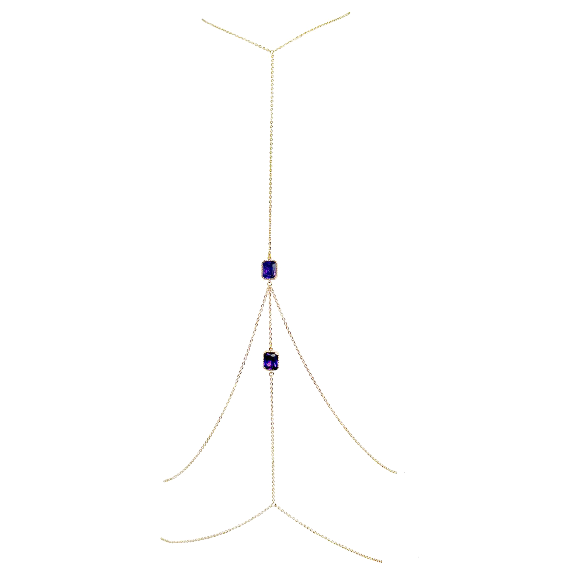 Gold body chain with purple gemstones on a white background