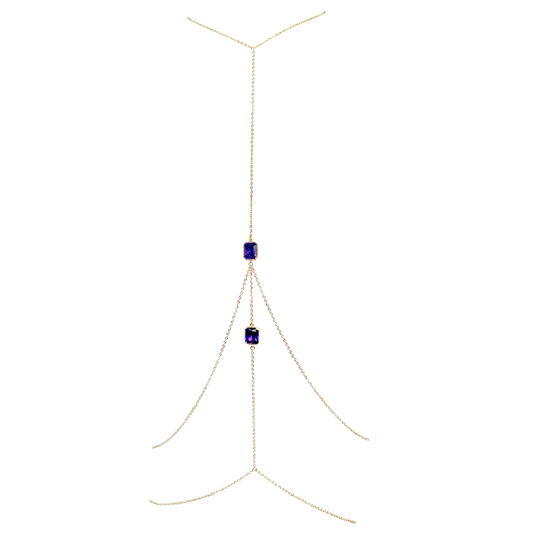 Gold body chain with purple gemstones on a white background