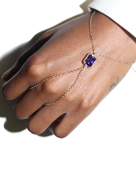 Hand wearing a gold bracelet with a purple gemstone on a white background